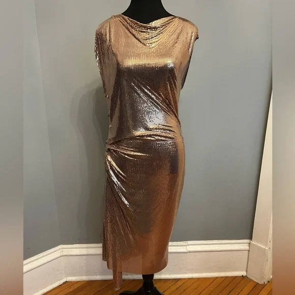 RABANNE Gold Chainmail Drapé Pression Dress, size 38 - Picture 4 of 12